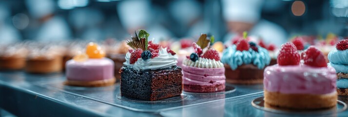 Variety of colorful desserts displayed in a bakery, showcasing cakes and pastries with vibrant toppings