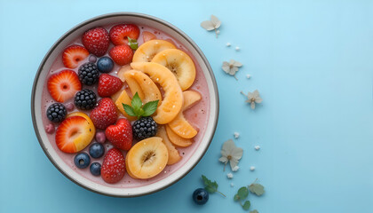 Fresh Fruit Bowl With Strawberries, Blueberries, and Bananas on a Pastel Blue Background, Showcasing Vibrant Colors and Healthy Eating