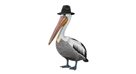Pelican wearing a fedora hat in a comical scene isolated PNG with Transparent Background