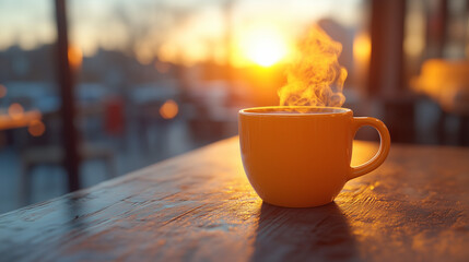 A yellow mug of steaming hot coffee rests on a wooden table, illuminated by warm golden light during sunset.