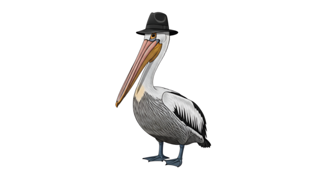 Pelican wearing a fedora hat in a comical scene isolated PNG with Transparent Background