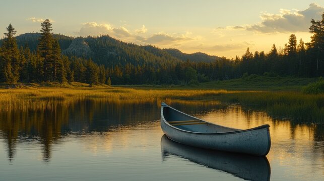Calm canoe on a tranquil lake at golden hour