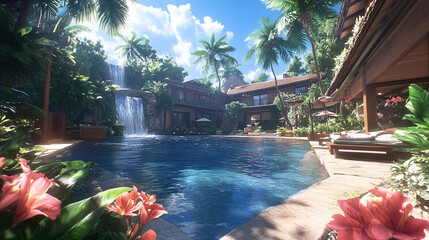 Beautiful tropical villa with a sparkling pool and cascading waterfall, surrounded by lush foliage under a bright sunny sky.