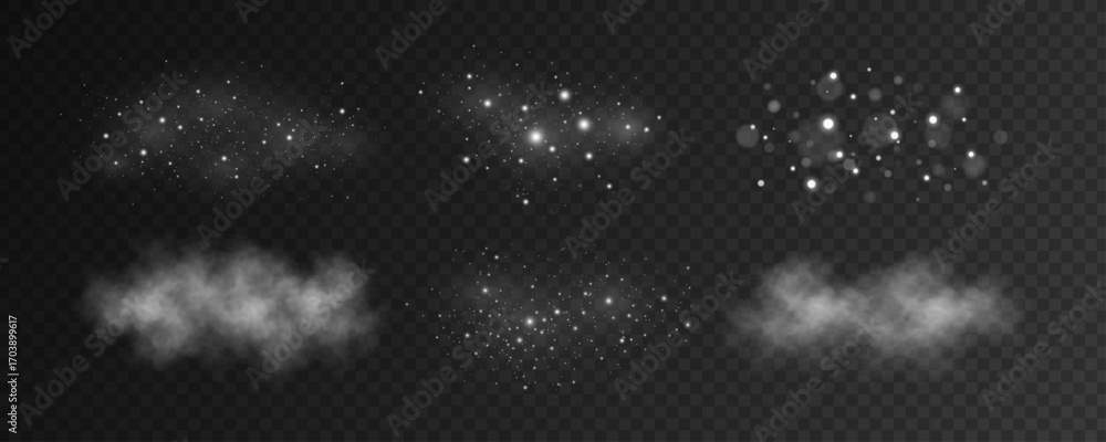 Poster set of abstract white glares bokeh and glowing particles with snowy fog effect. cold mist with snow 