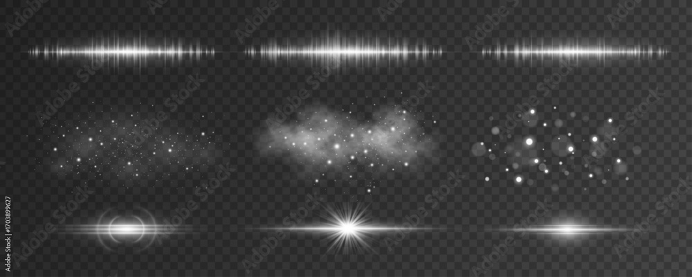 Poster set of white light effects on a transparent background. abstract sparkling flash, glares bokeh and g