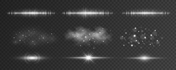 Set of white light effects on a transparent background. Abstract sparkling flash, glares bokeh and glowing particles with fog effect. Radiance rays of star and vibrating equalizer glow. Vector.