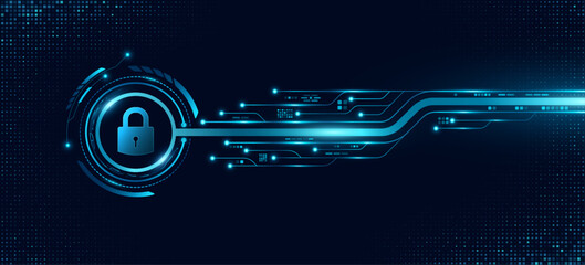 Digital tech panel with lock symbol, glowing HUD circle and computer circuit board. Data security backdrop for UI and GUI design. Futuristic touch screen button for user interface. Vector illustration © sersupervector