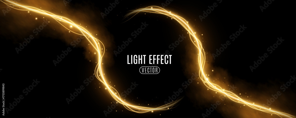Poster magical frame of golden neon swirling lines with fog effect and glowing particles on black backgroun