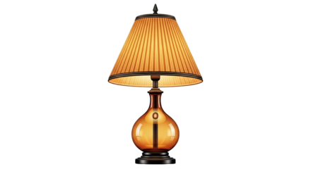 An amber toned table lamp casts a warm glow suggesting comfort and reflection set against a on transparent background