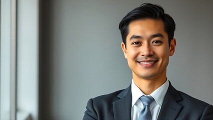 Confident businessperson in formal attire with a slight smile, exuding professionalism in a neutral setting.