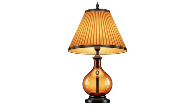 An amber toned table lamp casts a warm glow suggesting comfort and reflection set against a on transparent background