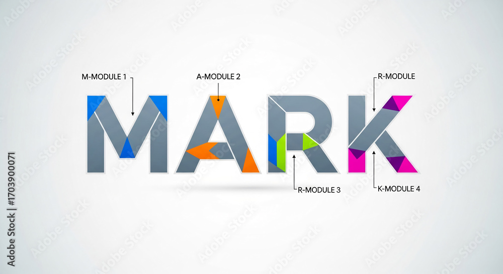 Poster grey word mark composed of colorful geometric modules, showcasing a modular design concept, suitable
