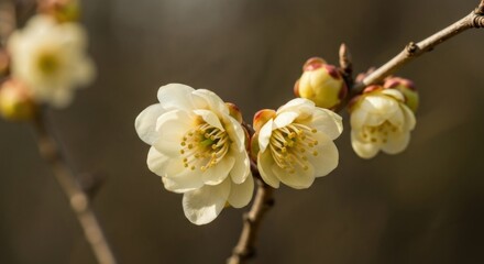 Close-up of delicate, pale yellow blossoms on a branch
