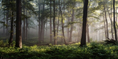 Obraz premium Misty enchanted forest illustration with soft light for Tranquil Forest Landscape with Mist and Sunlight Streaming Through Trees evoking calmness, fantasy storytelling, and natural tranquility
