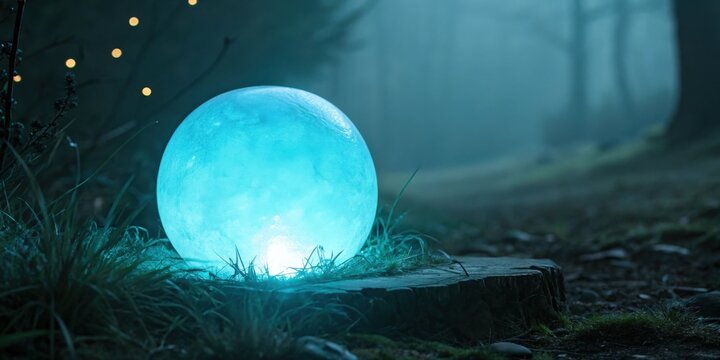 A glowing blue orb rests on a tree stump in a misty forest with bokeh lights above