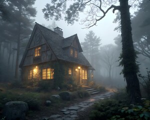 Spooky Witch Cottage in Foggy Forest Halloween Scene