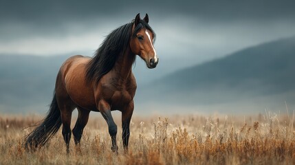 Fototapeta premium Majestic horse walking through golden grassland under a cloudy sky in the early morning hours