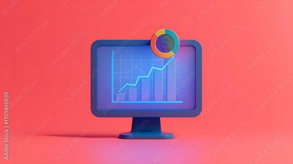 Fototapete computer monitor with business graph on technology abstract background background. 3d rendering.