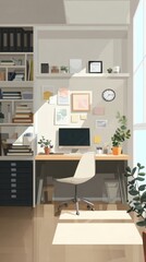 Nature inspired digital fantasy artwork for Bright Minimalist Home Office Interior with Desk and Plants visual storytelling, mood boards, and ambient nature scenes