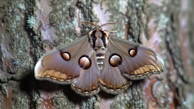 Detailed close-up of a beautiful large moth with intricate eyespot patterns resting perfectly camouflaged on rough tree bark in a natural forest environment. Wild insect life