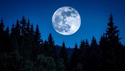 A full moon rising above a dark forest at night with a starry sky