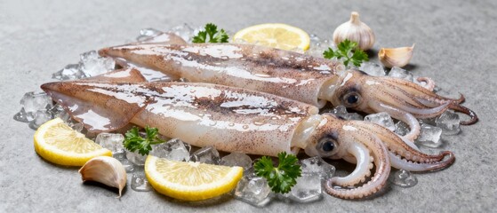 Fresh squids on ice with lemon and herbs