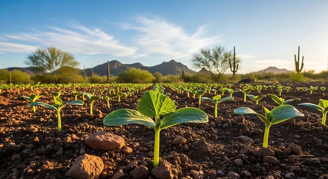 Young Pumpkin Plants Growing in Arid Desert Landscape.