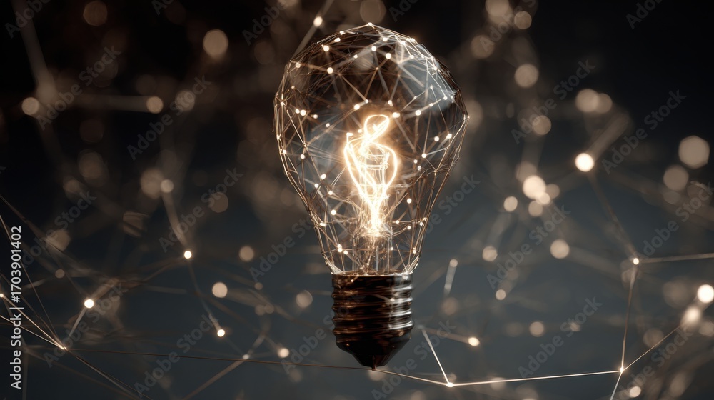 Poster a glowing light bulb highlights a web of interconnected lines symbolizing creativity and innovation 