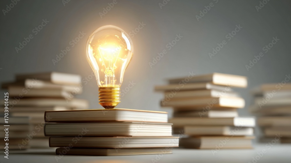 Poster a bright light bulb radiates light while resting on top of a stacked collection of books, representi