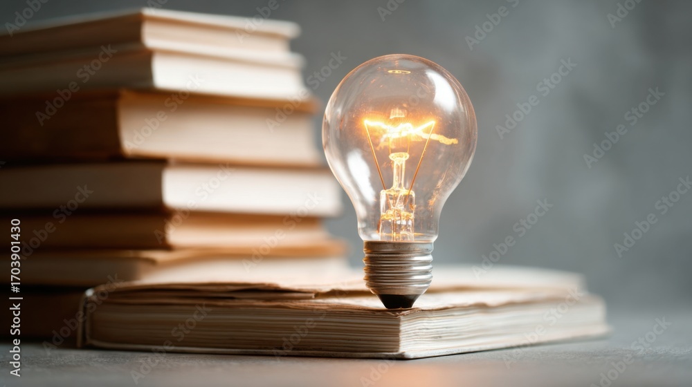 Poster a glowing light bulb is placed on an open book, surrounded by neatly stacked books. the soft lightin