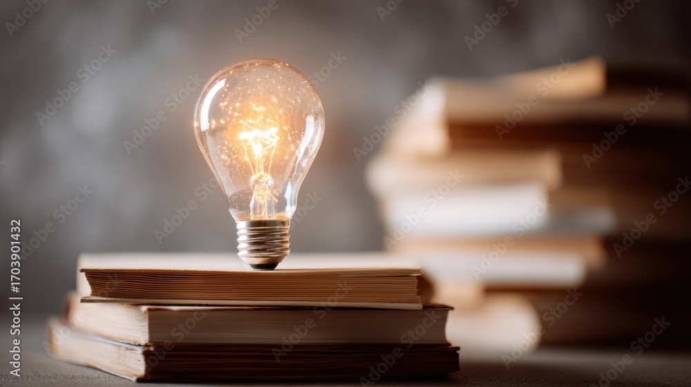 Poster a glowing light bulb floats above a stack of books, symbolizing inspiration and knowledge. the warm 