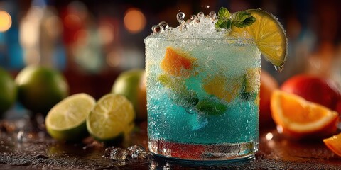 Vibrant blue cocktail with citrus garnishes served on bar counter with condensation