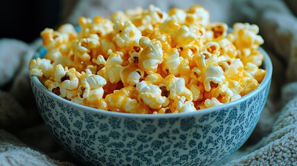 Caramel popcorn in a patterned bowl