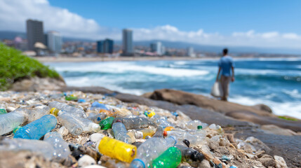 Plastic Bottles on Beach: A shore littered with plastic bottles with a cleanup volunteer a trash bag and a polluted coastal landscape. high quality photo ultra high detail