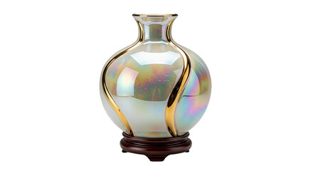 An elegant pearl white vase with shimmering iridescent highlights and sleek golden accents on transparent background