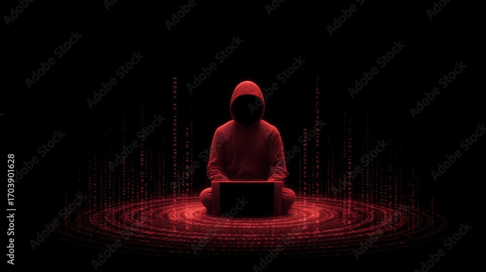 Poster mysterious figure in a hooded sweatshirt working on a laptop surrounded by glowing digital matrix pa