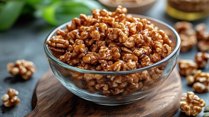 Caramelized walnuts in a glass bowl