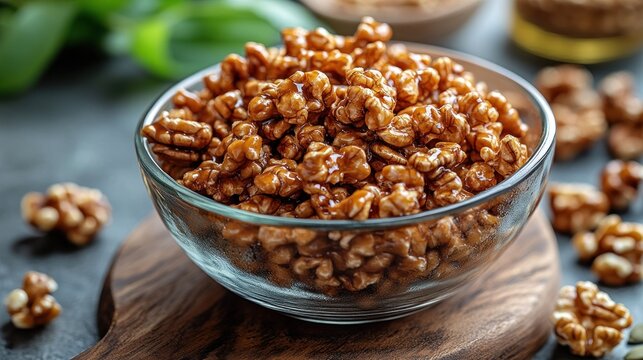 Caramelized walnuts in a glass bowl