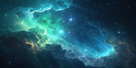 A celestial vista featuring a vibrant nebula and a multitude of twinkling stars afar