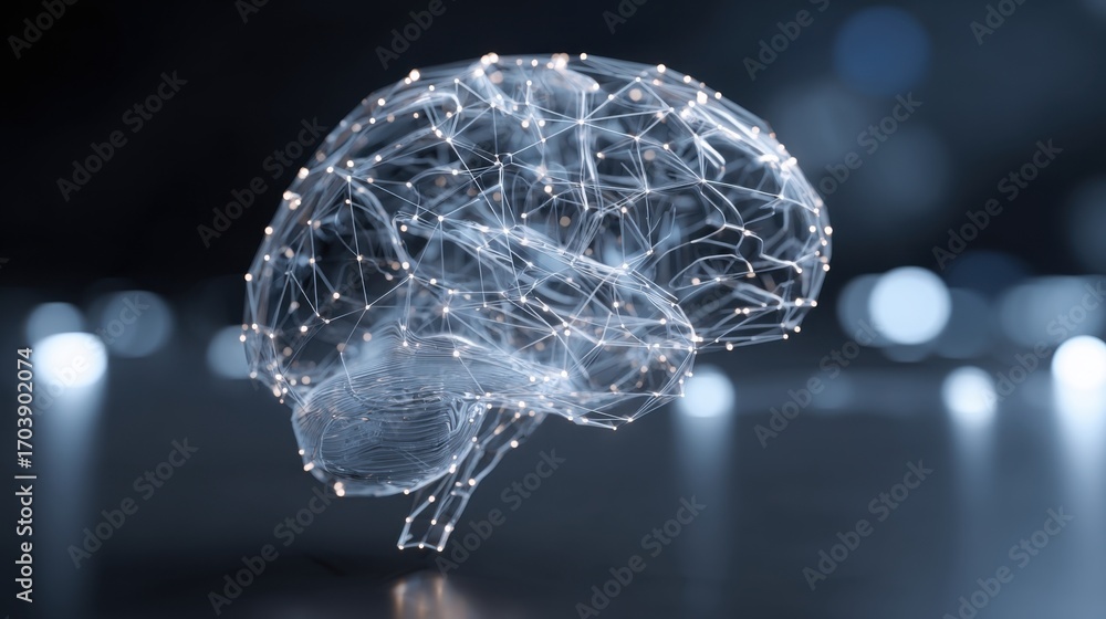 Poster a futuristic portrayal of a human brain created with intricate lines and glowing nodes, symbolizing 