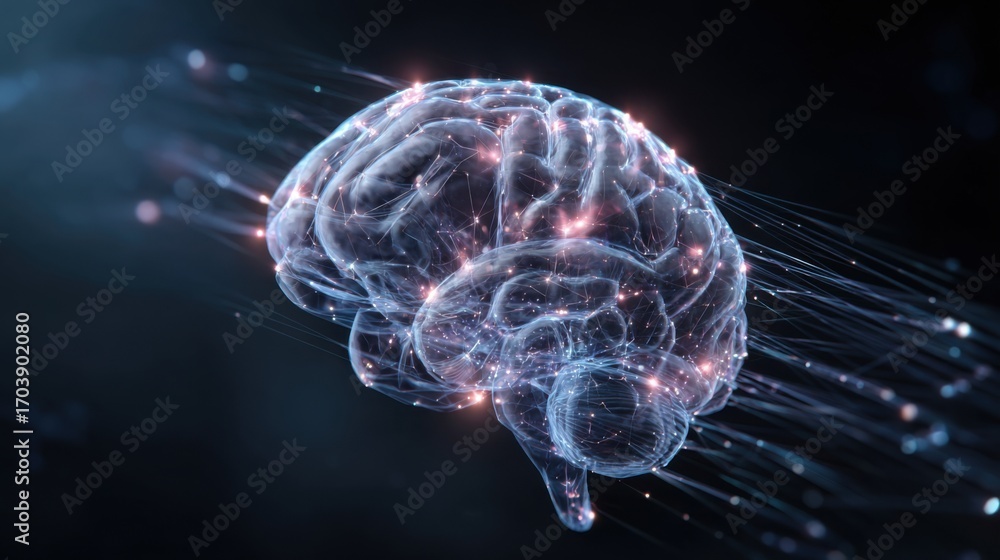 Poster a human brain surrounded by glowing neural connections in a dark, abstract background, emphasizing t