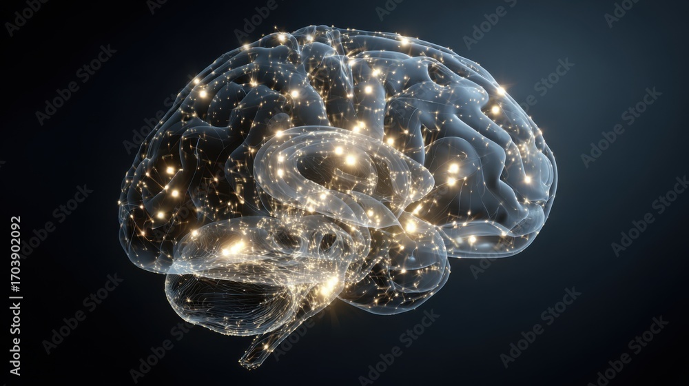 Poster a translucent brain model displays glowing neural connections, emphasizing the complexity of human c