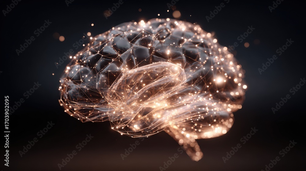 Poster a detailed digital model of a human brain displays intricate connections and glowing patterns, symbo