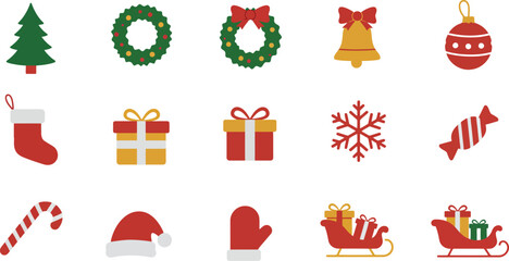 Christmas Icons Set - Color Vector Pack Tree Wreath Gift Bell Ornament Snowflake