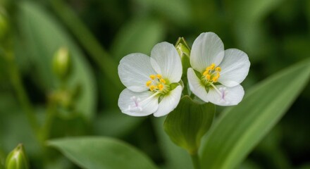 Fototapeta premium Close-up of two small, white flowers with yellow centers, nestled amongst green foliage