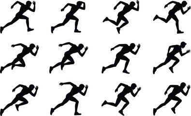 Dynamic running man silhouettes collection, sports motion illustration, athlete sprinting poses, fitness icon set, active lifestyle, exercise movement, jogging figure, energy and speed symbols