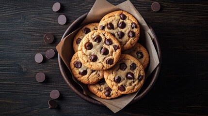 Chocolate chip cookies in a bowl on a dark wooden table