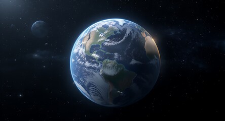 Fototapeta premium Vibrant Planet Earth with Moon in Distant Cosmos, Global View from Space, Science and Environmental Concept