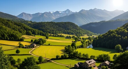 Serene Valley Landscape with Mountain Range.