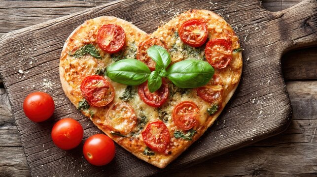 A unique heart-shaped pizza features fresh tomatoes and basil leaves on top, resting on a rustic wooden board alongside ripe cherry tomatoes.